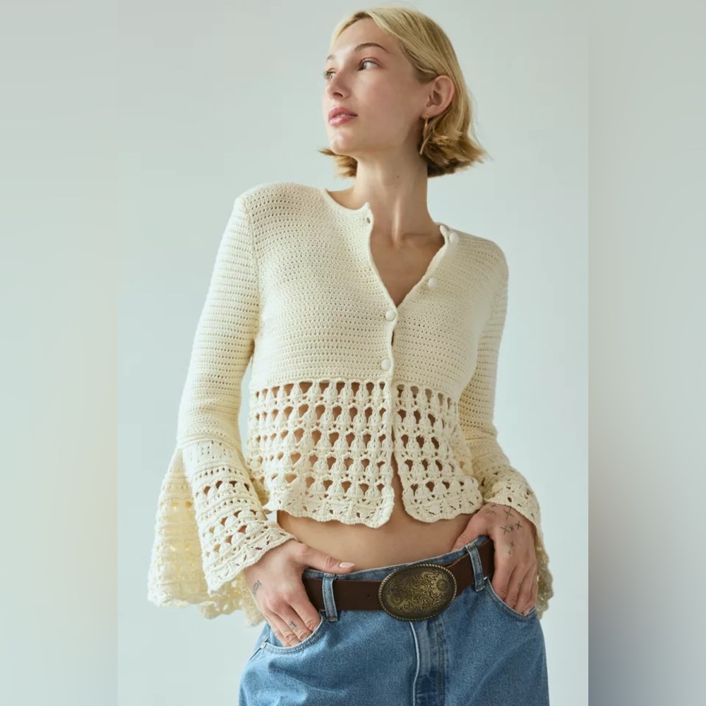 Urban Outfitters Kimchi Blue Stevie Crochet Bell Sleeve Flyaway Cardigan